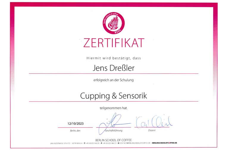 Zertifikat - Jens Dreßler -  Coffee World